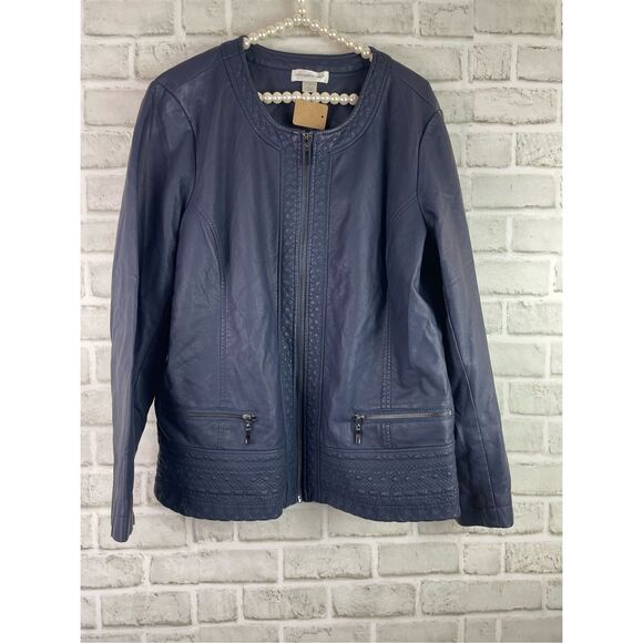 Christopher & Banks Navy Blue Faux Leather Zip Up Jacket Size XL - Picture 1 of 5
